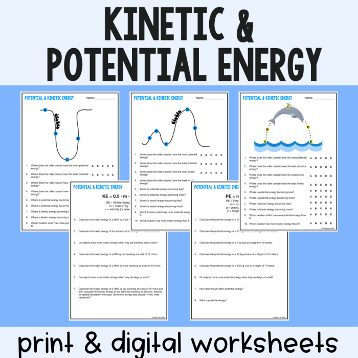 Energy potential and kinetic worksheets